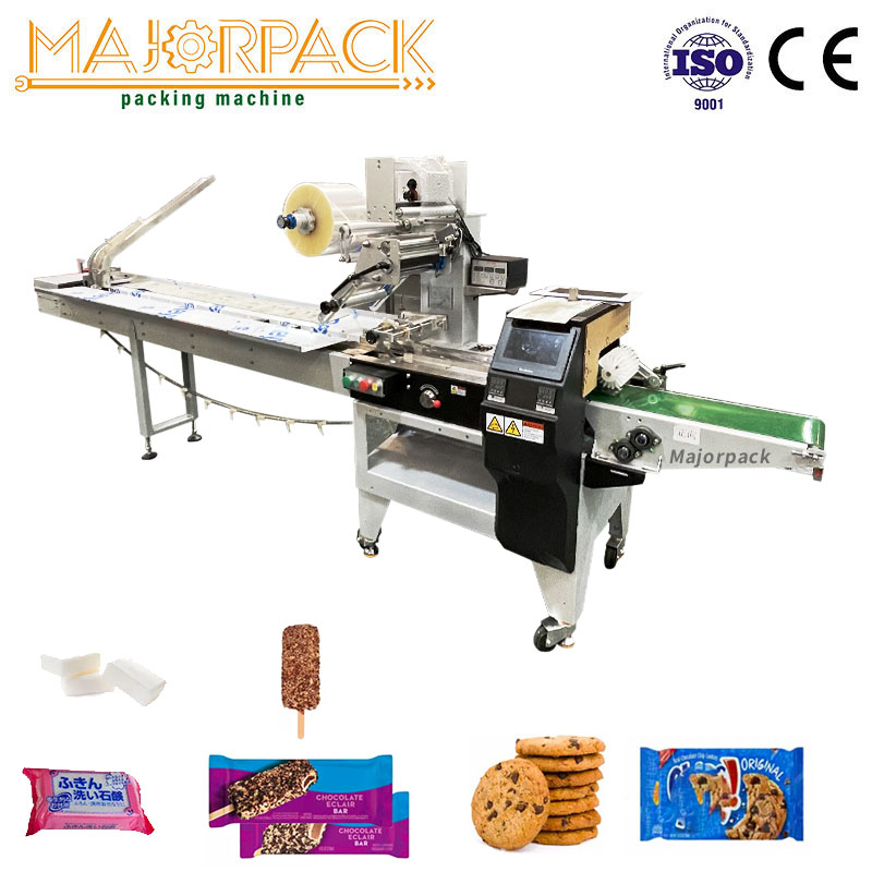 Popsicle/soap/cookies/regular product flow pack machine with feeder